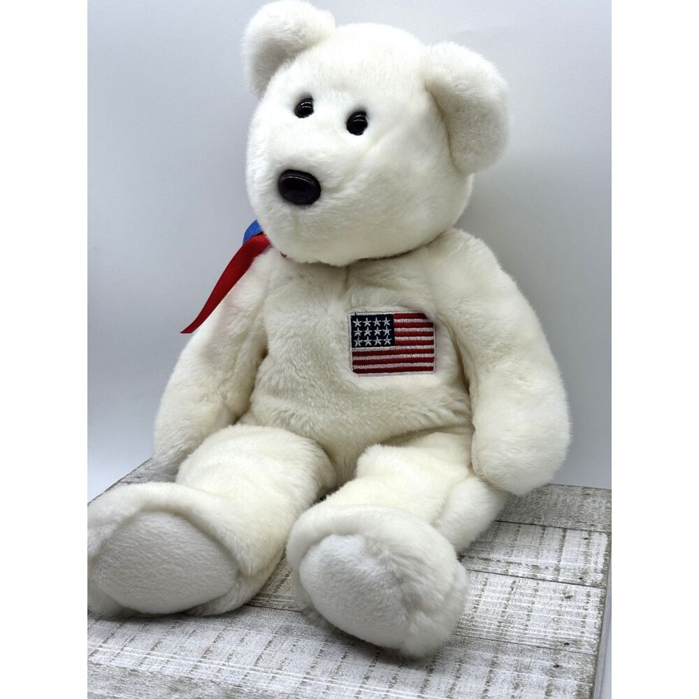 Ty Libearty white Teddy Bear American Flag Patch Red White Blue Ribbon Vintage